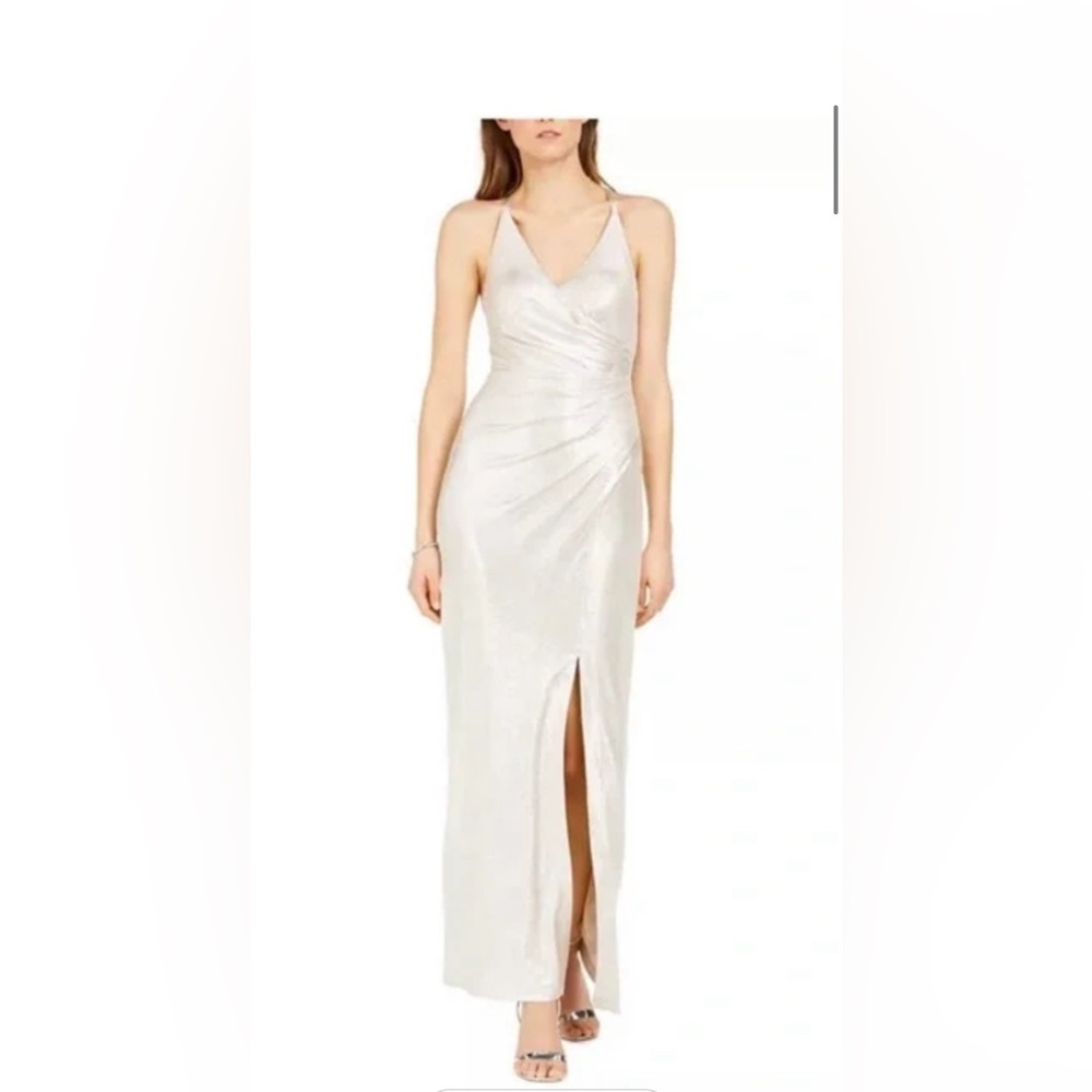 Eliza J Cream Ruched Slit Gown